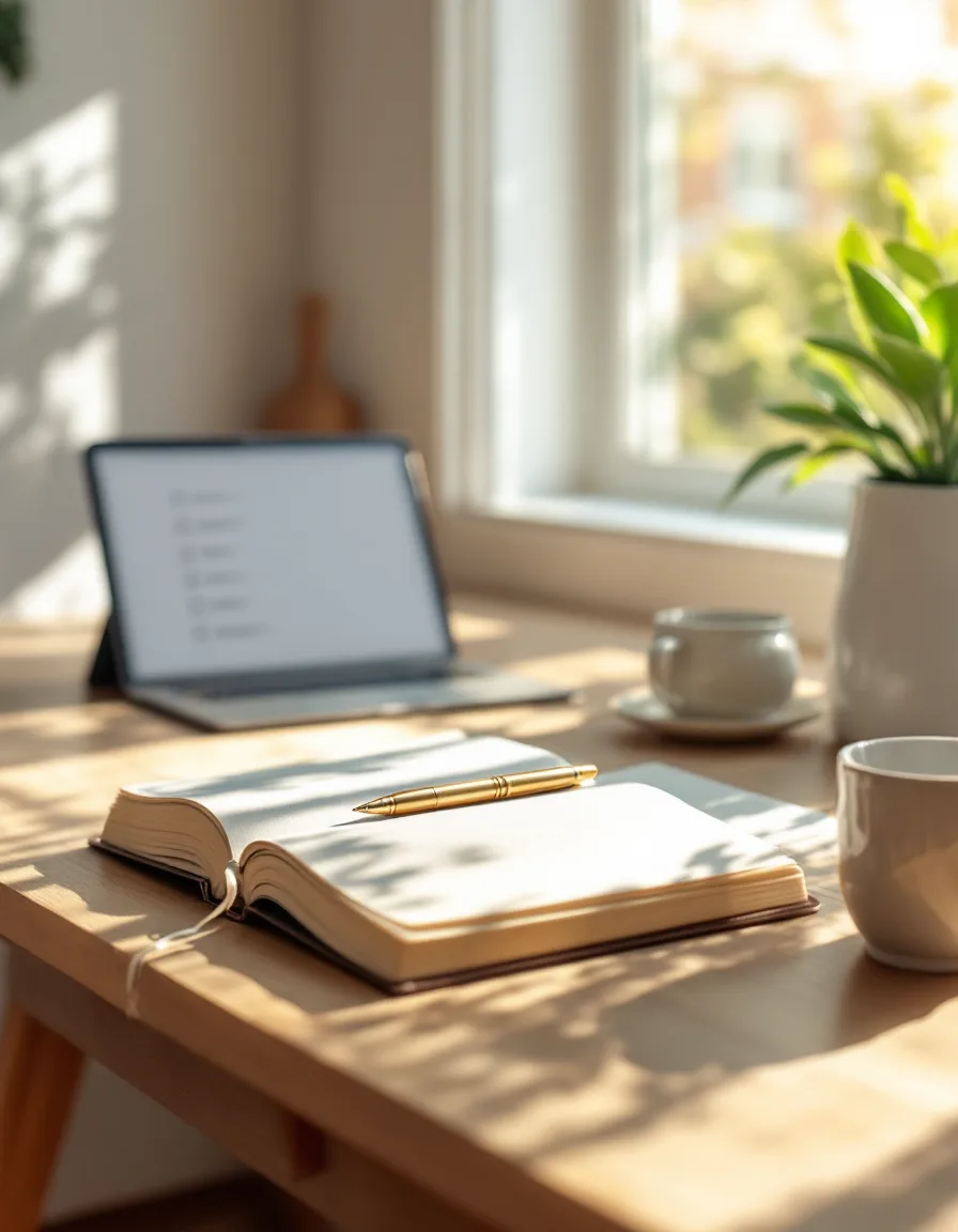 A sunlit desk with an open ledger, a fountain pen and a laptop showing a checklist