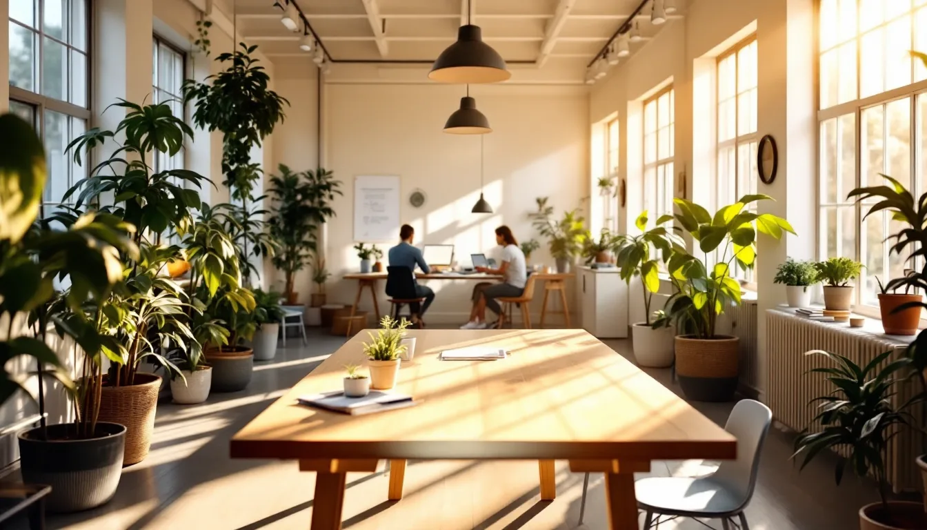 A sunlit open-plan office with a long oak table and plants